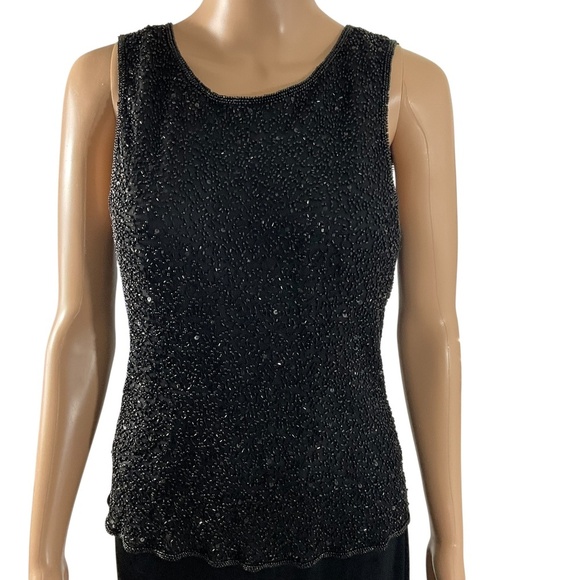 Vintage Scala Black Beaded Sequins Sleeveless Silk Top Size Large - Picture 2 of 13